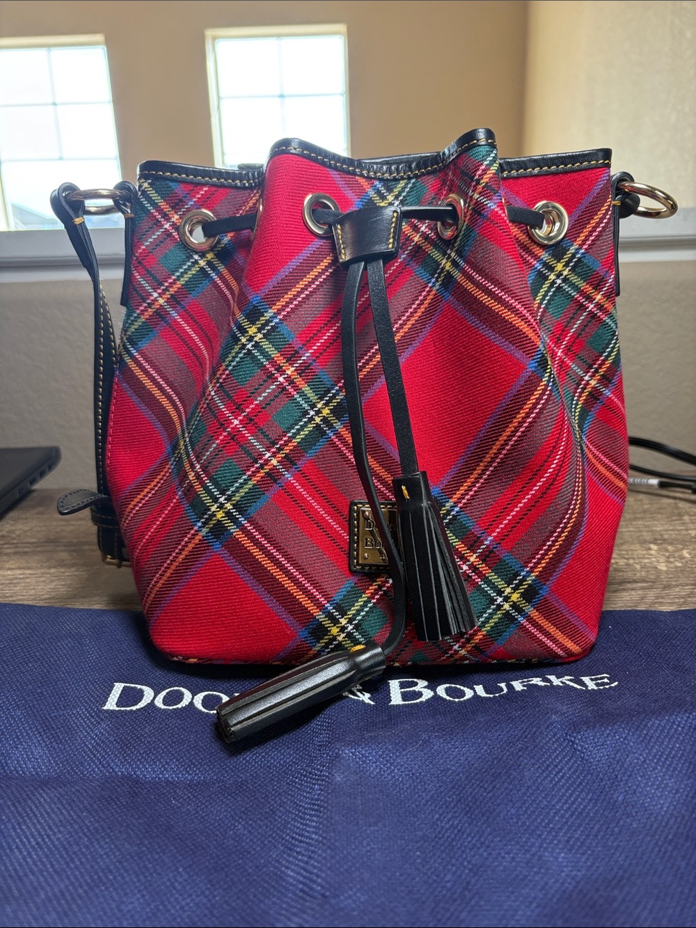 Dooney & Bourke Red Plaid Drawstring Crossbody Bag with Tassel
